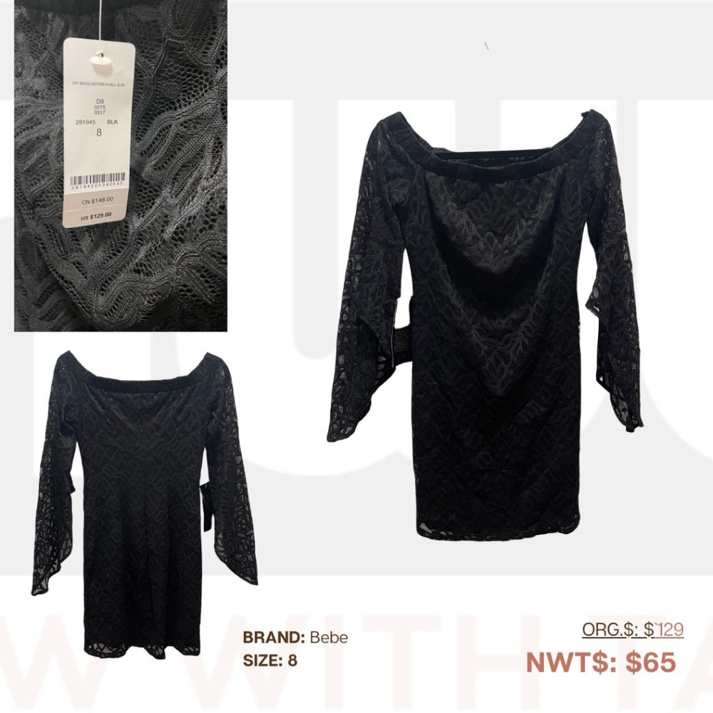 Bebe, Black Off-Shoulder Lace Dress, 8,  NWT